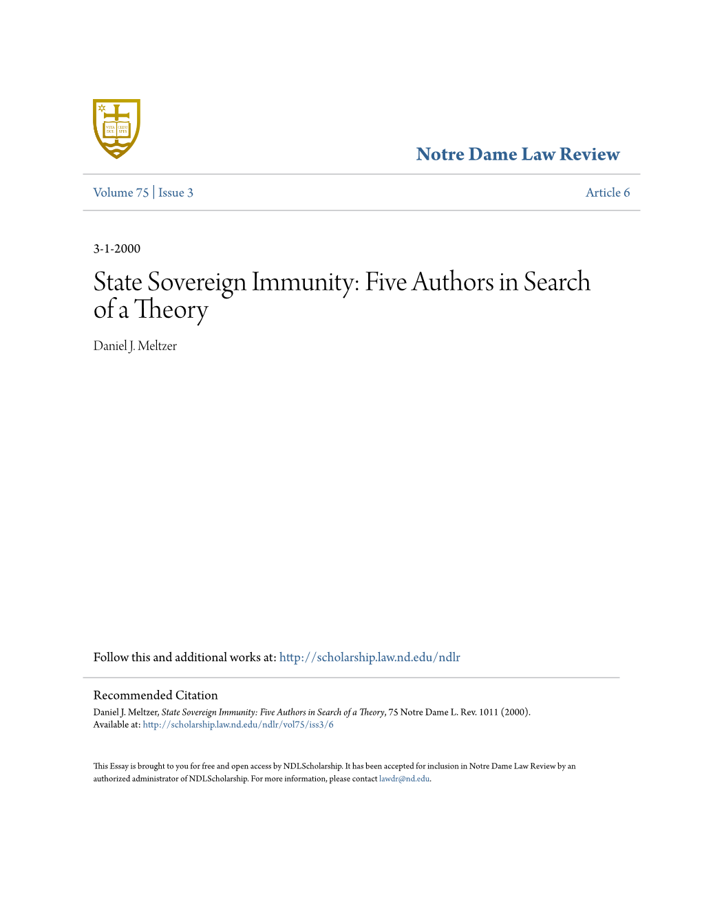 State Sovereign Immunity: Five Authors in Search of a Theory Daniel J