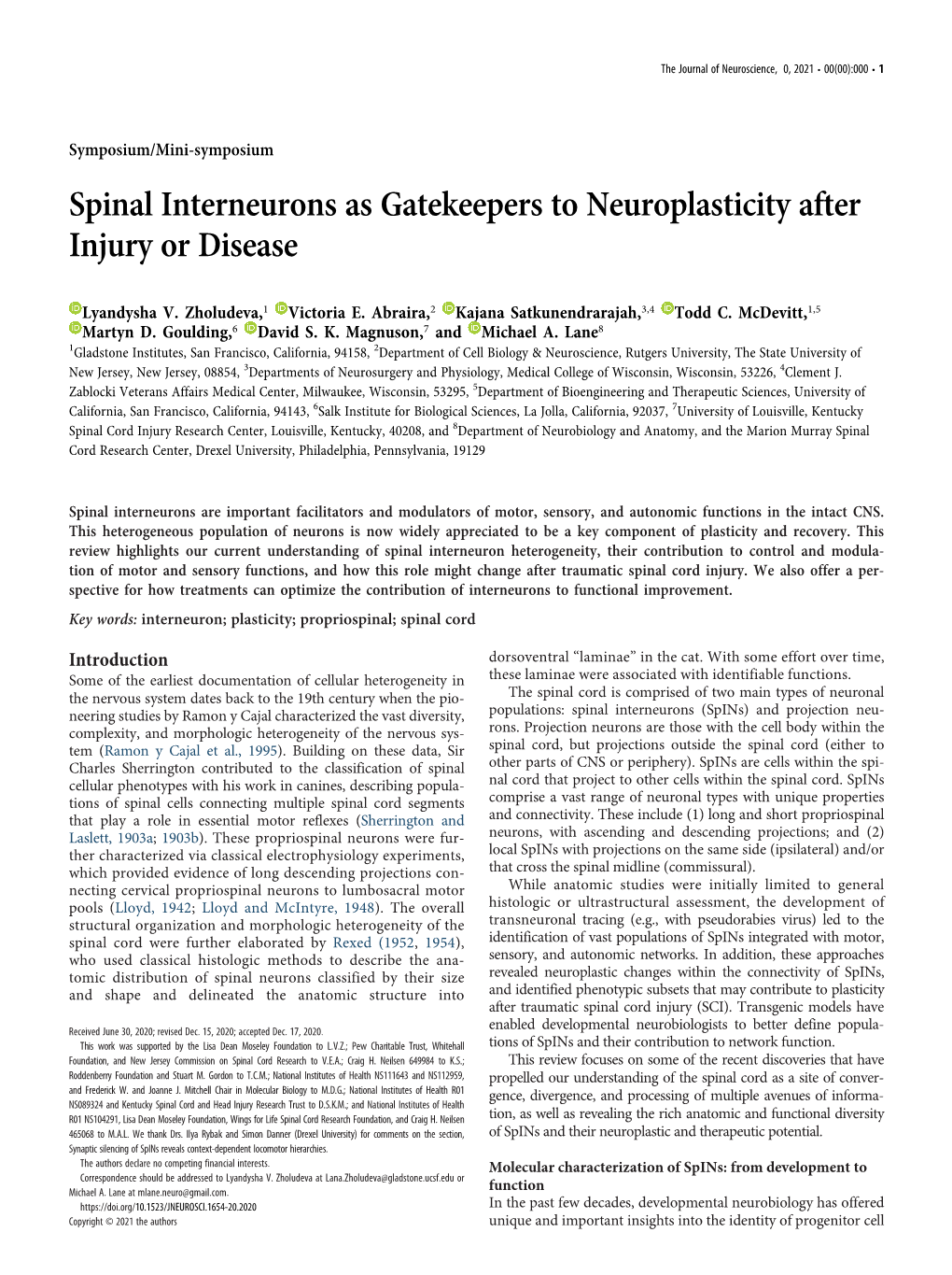 Spinal Interneurons As Gatekeepers to Neuroplasticity After Injury Or Disease