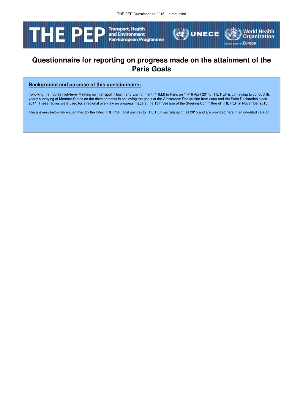 Questionnaire for Reporting on Progress Made on the Attainment of the Paris Goals