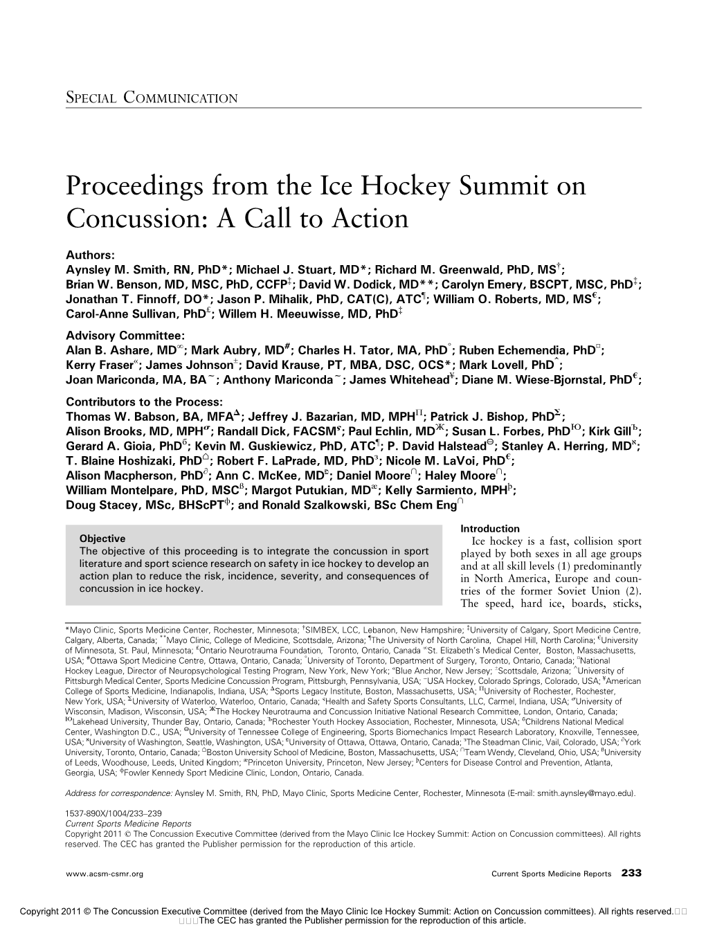 Proceedings from the Ice Hockey Summit on Concussion: a Call to Action