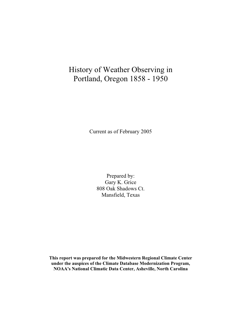 History of Weather Observing in Portland, Oregon 1858 - 1950
