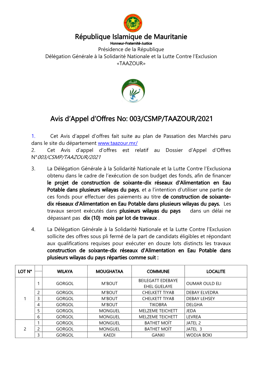 République Islamique De Mauritanie Avis D'appel D'offres No: 003/CSMP