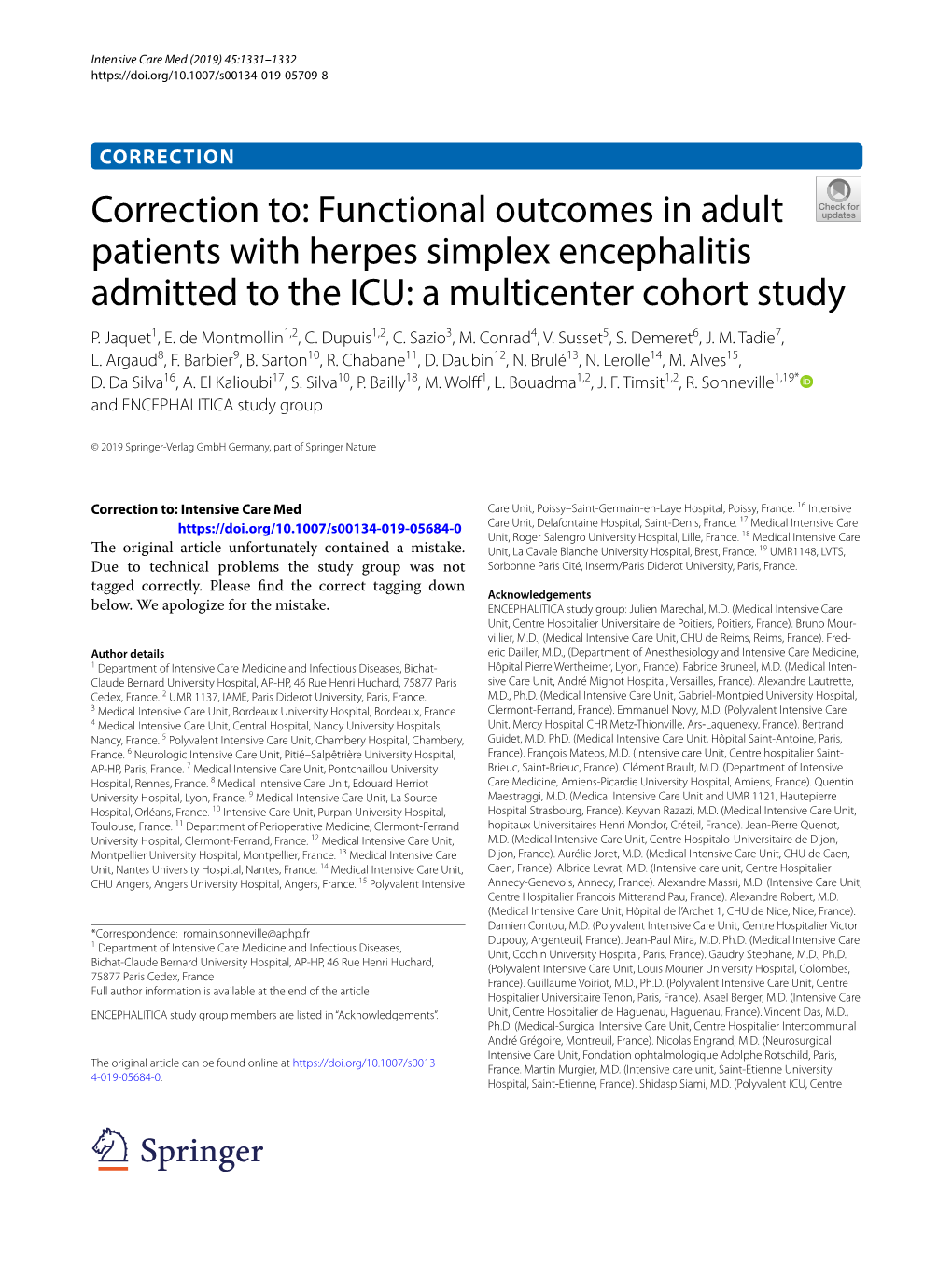 Correction To: Functional Outcomes in Adult Patients with Herpes Simplex Encephalitis Admitted to the ICU: a Multicenter Cohort Study P