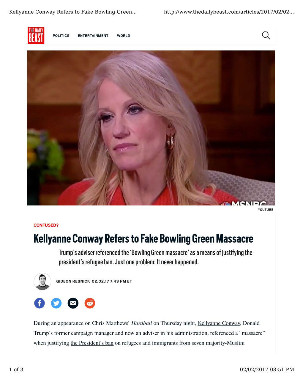 Kellyanne Conway Refers to Fake Bowling Green Massacre Trump’S Adviser Referenced the ‘Bowling Green Massacre’ As a Means of Justifying the President’S Refugee Ban