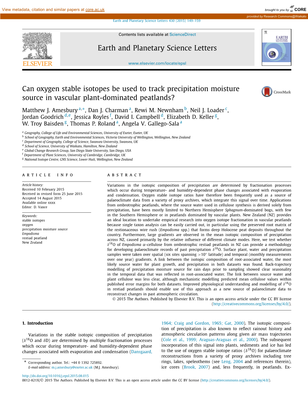 Can Oxygen Stable Isotopes Be Used to Track Precipitation Moisture Source in Vascular Plant-Dominated Peatlands? ∗ Matthew J