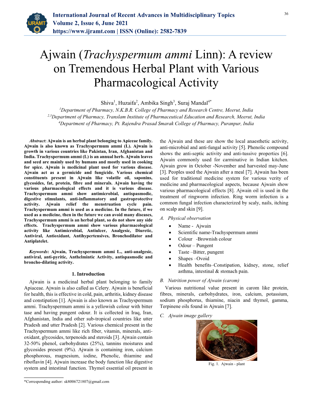 Ajwain (Trachyspermum Ammi Linn): a Review on Tremendous Herbal Plant with Various Pharmacological Activity