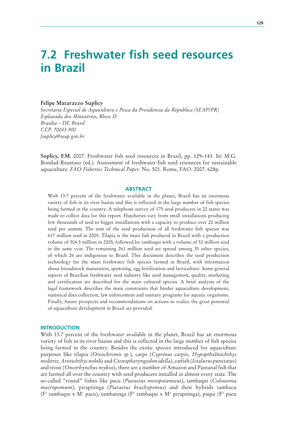 7.2 Freshwater Fish Seed Resources in Brazil