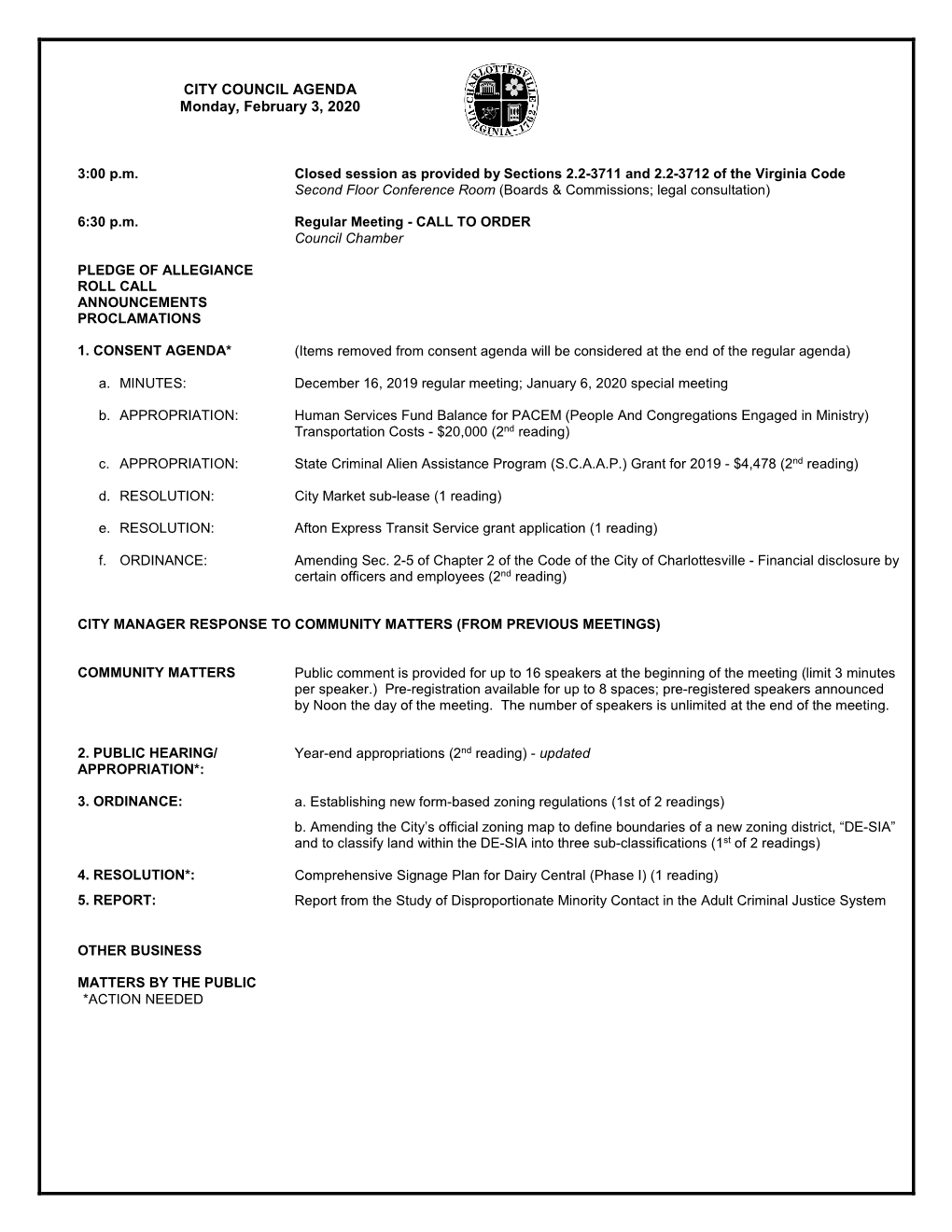 CITY COUNCIL AGENDA Monday, February 3, 2020