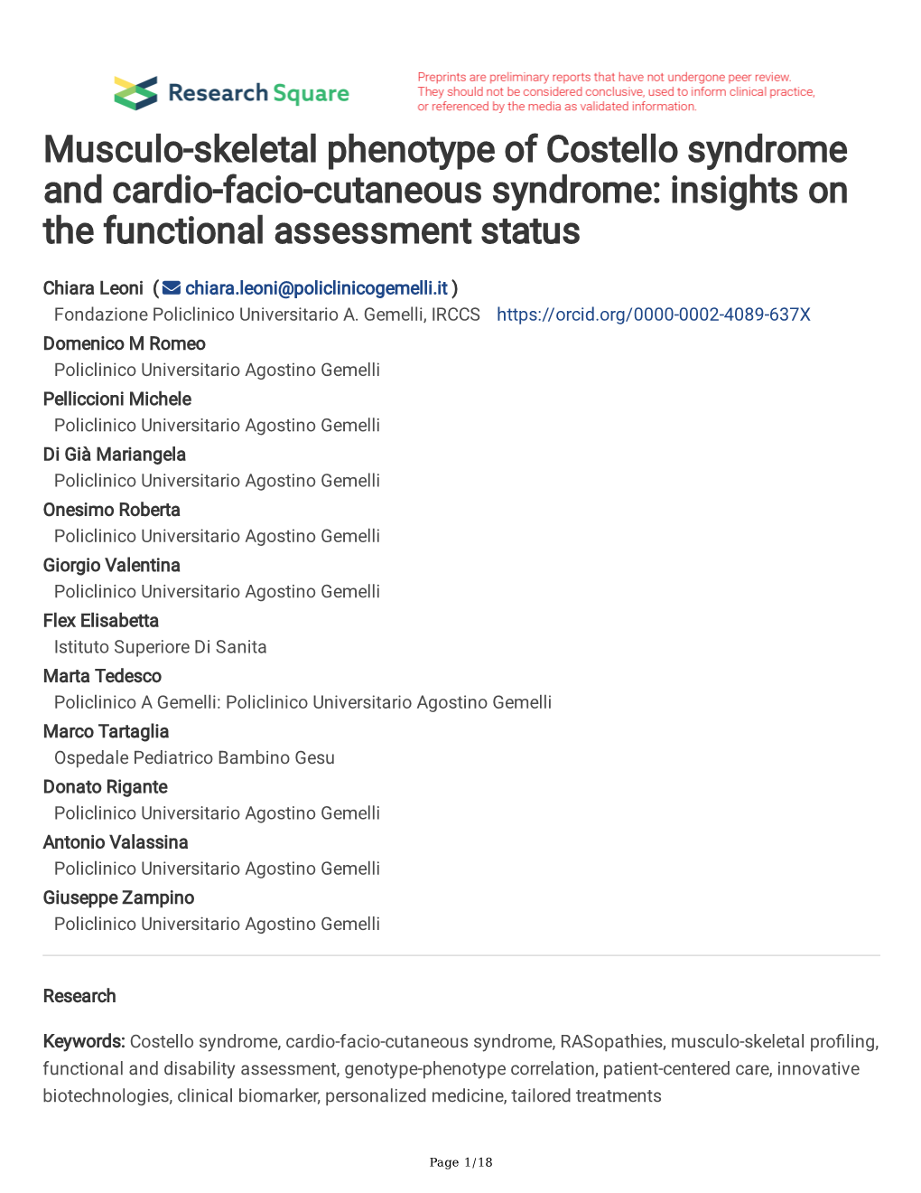 Musculo-Skeletal Phenotype of Costello Syndrome and Cardio-Facio-Cutaneous Syndrome: Insights on the Functional Assessment Status