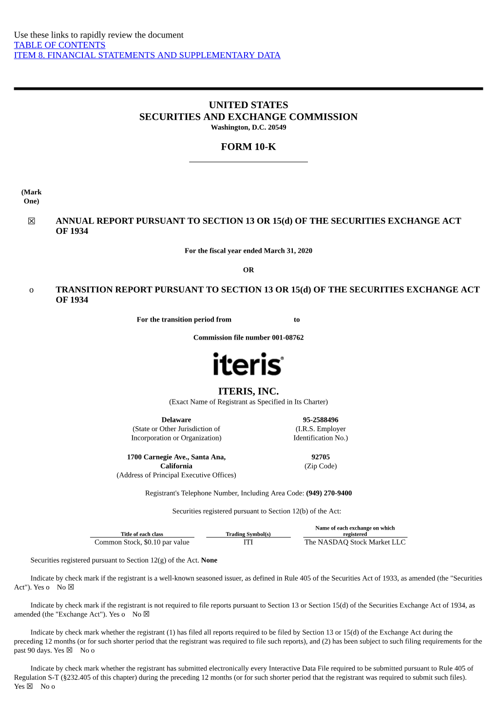 United States Securities and Exchange Commission Form 10-K Iteris, Inc