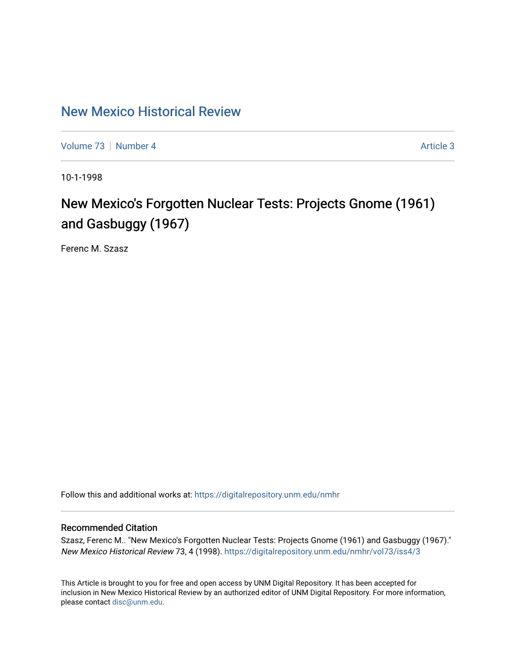 New Mexico's Forgotten Nuclear Tests: Projects Gnome (1961) and Gasbuggy (1967)