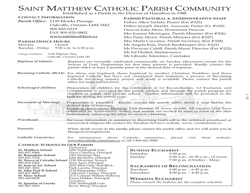 SAINT MATTHEW CATHOLIC PARISH COMMUNITY 905-827- 4560 880 Clarkson Rd