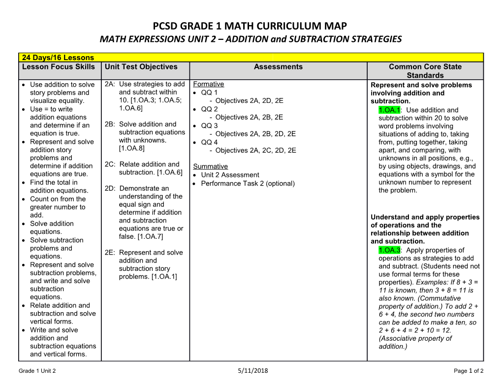 Pcsd Grade 1 Math Curriculum Map