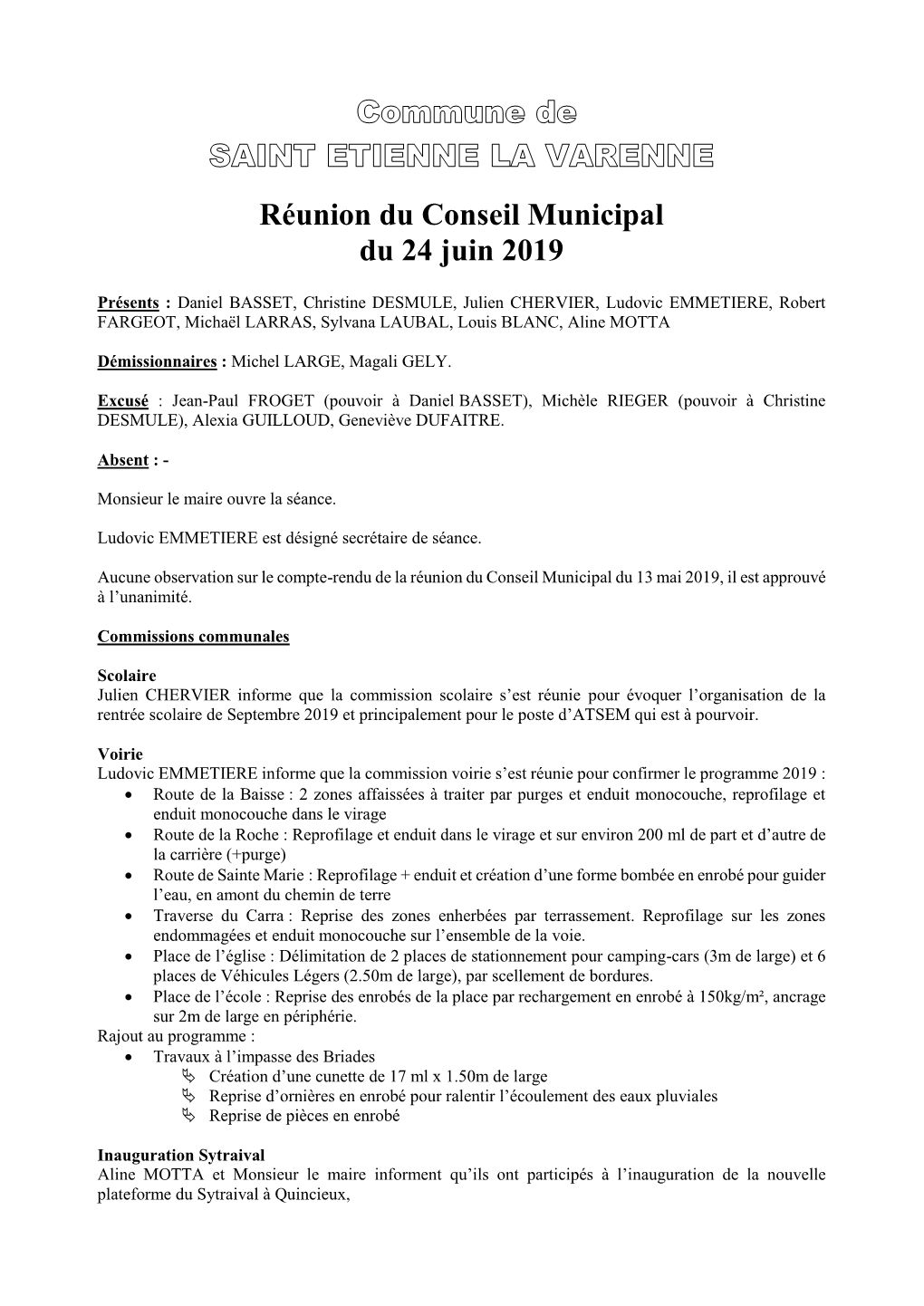 Réunion Du Conseil Municipal Du 24 Juin 2019