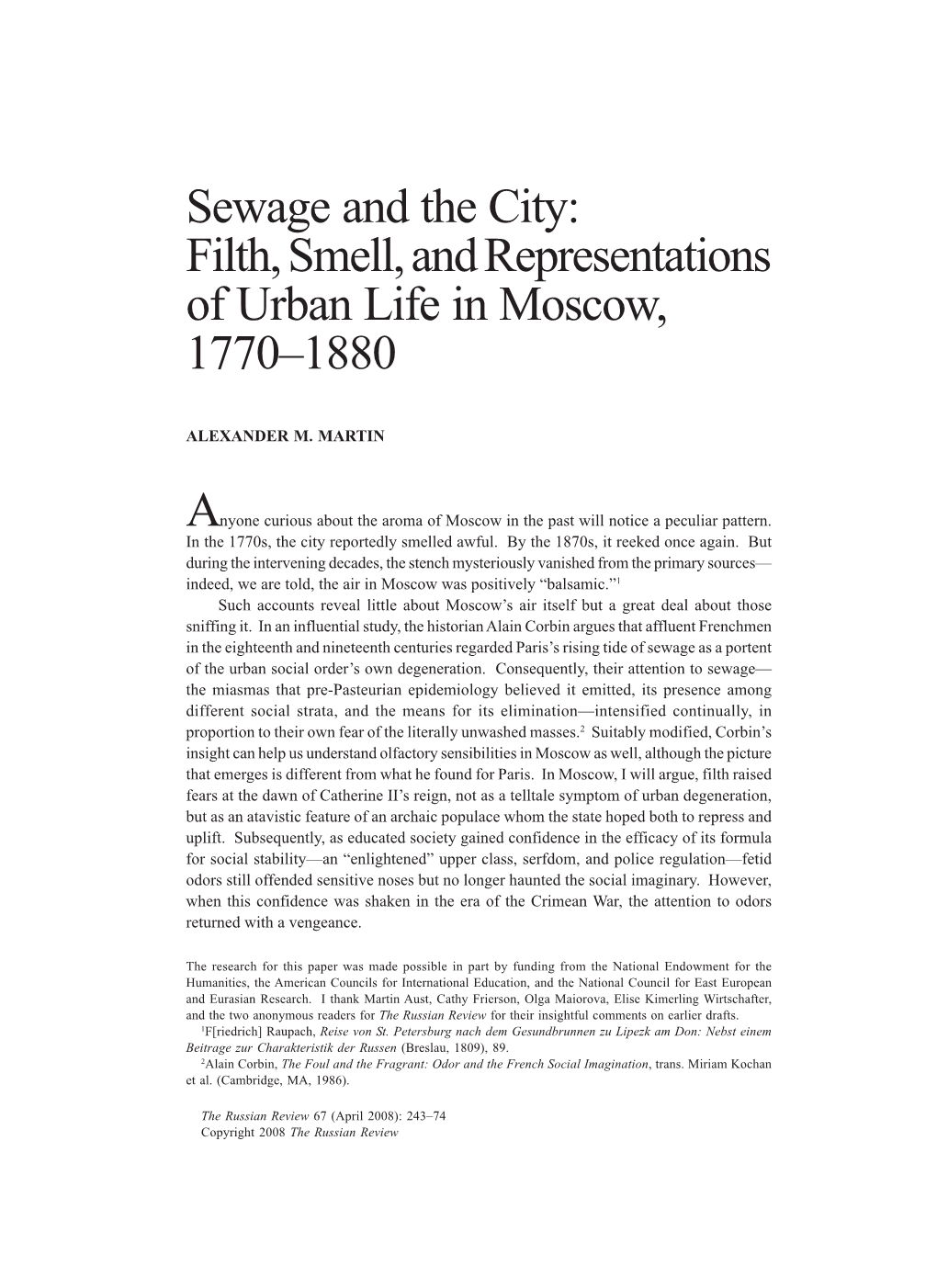 Filth, Smell, and Representations of Urban Life in Moscow, 1770–1880