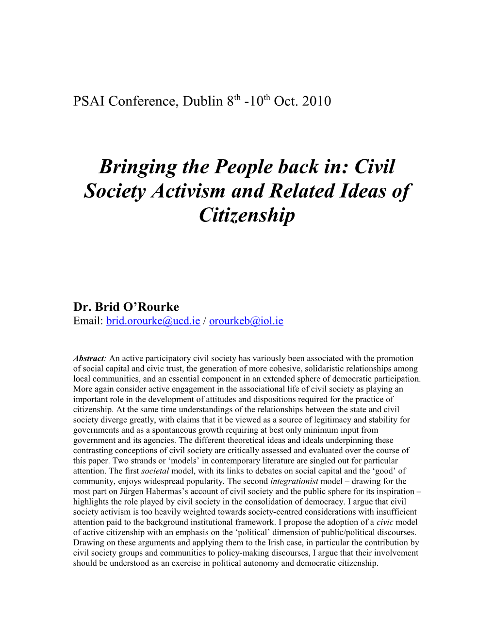 Bringing the People Back In: Civil Society Activism and Related Ideas of Citizenship