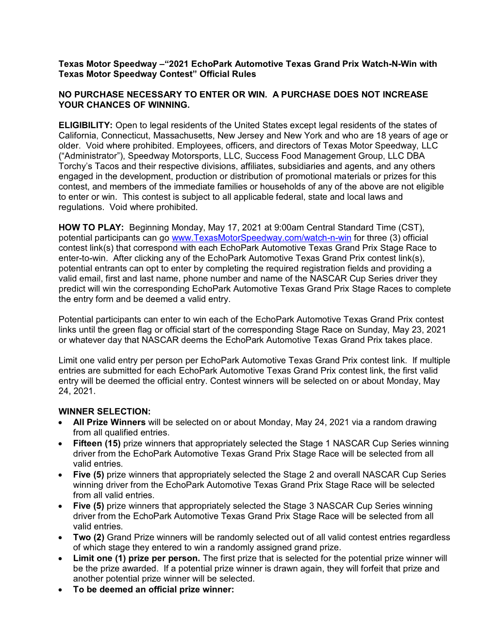 “2021 Echopark Automotive Texas Grand Prix Watch-N-Win with Texas Motor Speedway Contest” Official Rules