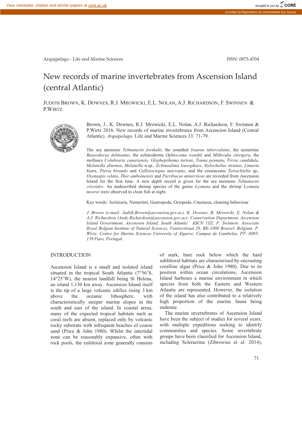 New Records of Marine Invertebrates from Ascension Island (Central Atlantic)