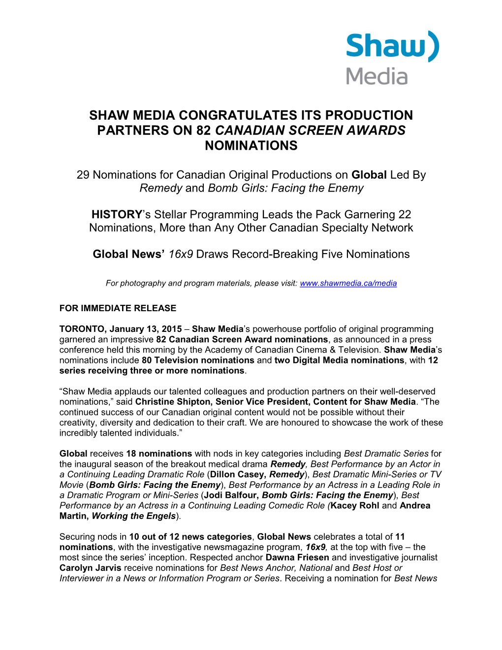 Shaw Media Congratulates Its Production Partners on 82 Canadian Screen Awards Nominations