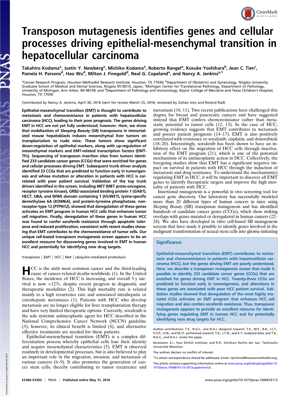 Transposon Mutagenesis Identifies Genes and Cellular Processes Driving Epithelial-Mesenchymal Transition in Hepatocellular Carcinoma