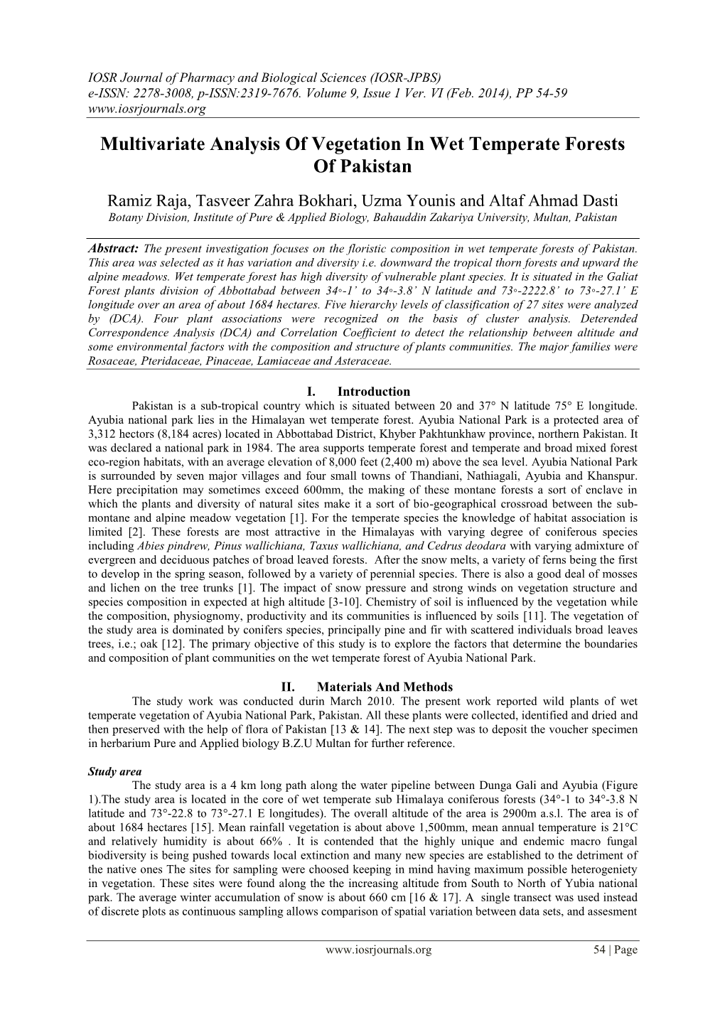 Multivariate Analysis of Vegetation in Wet Temperate Forests of Pakistan