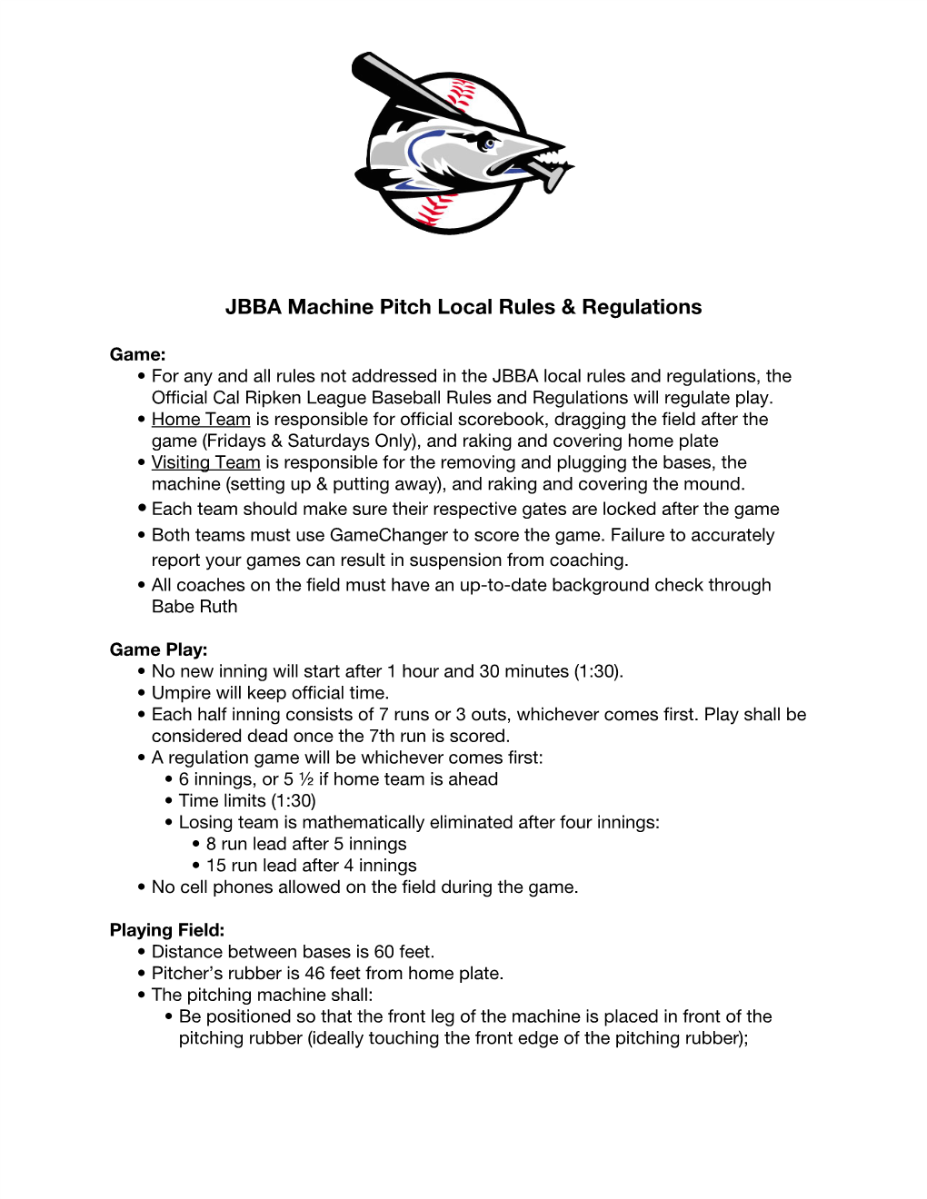 JBBA Machine Pitch Local Rules & Regulations