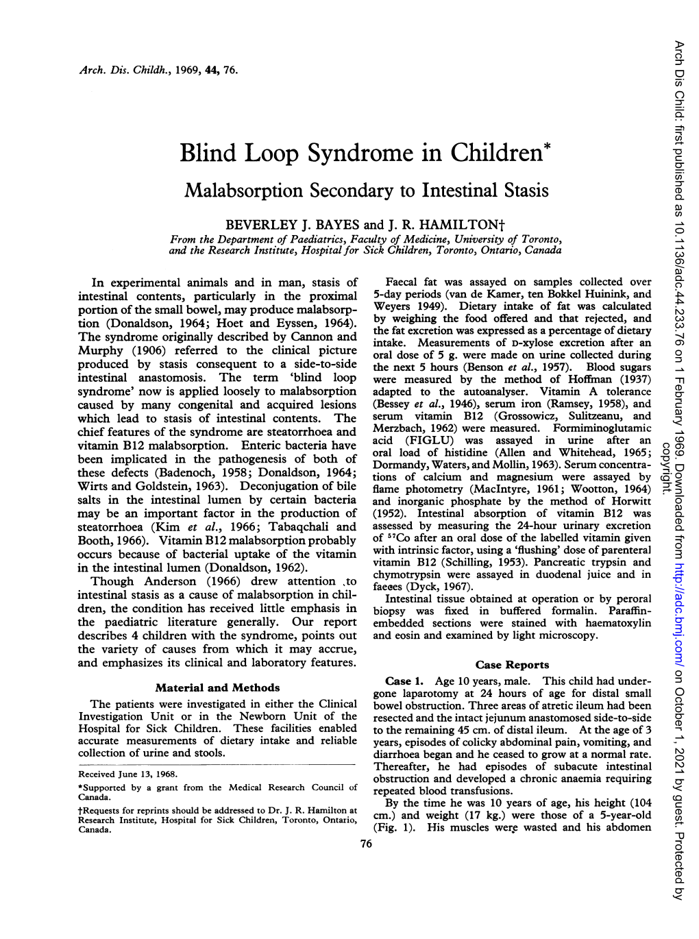 Blind Loop Syndrome in Children* Malabsorption Secondary to Intestinal Stasis BEVERLEY J