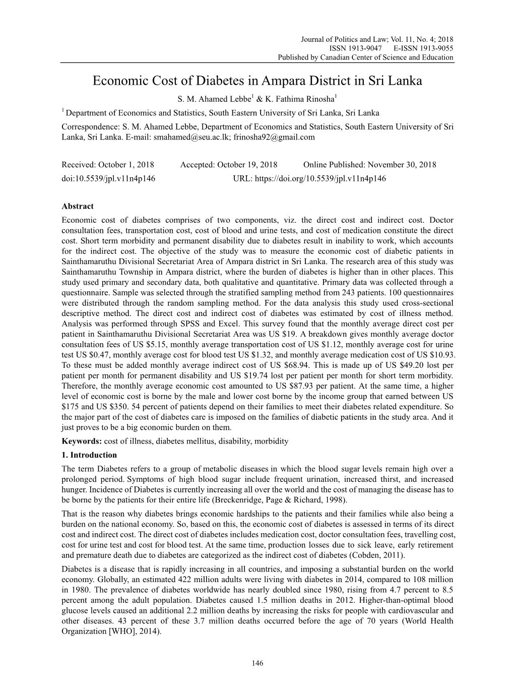 Economic Cost of Diabetes in Ampara District in Sri Lanka S