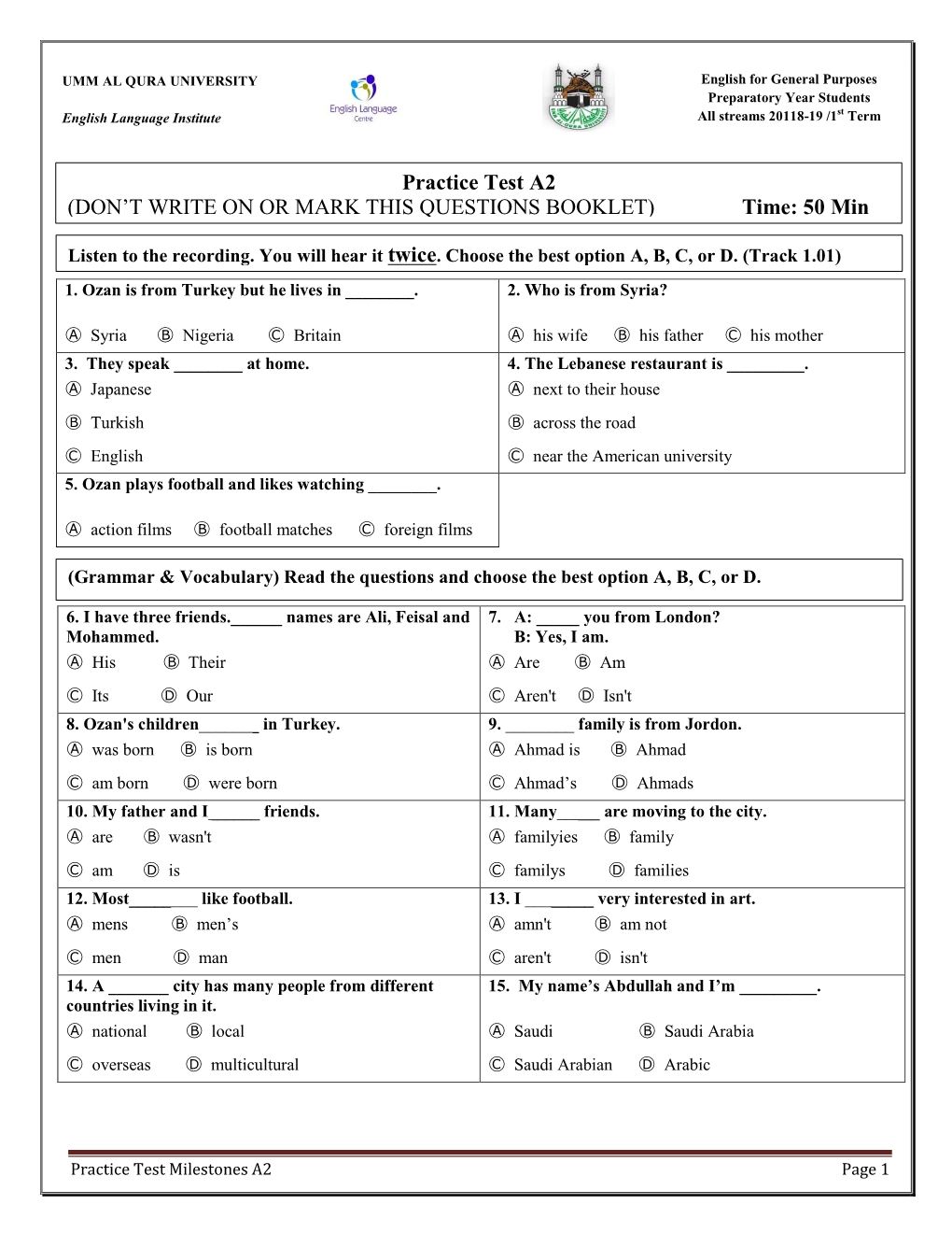 Practice Test A2 (DON't WRITE on OR MARK THIS QUESTIONS