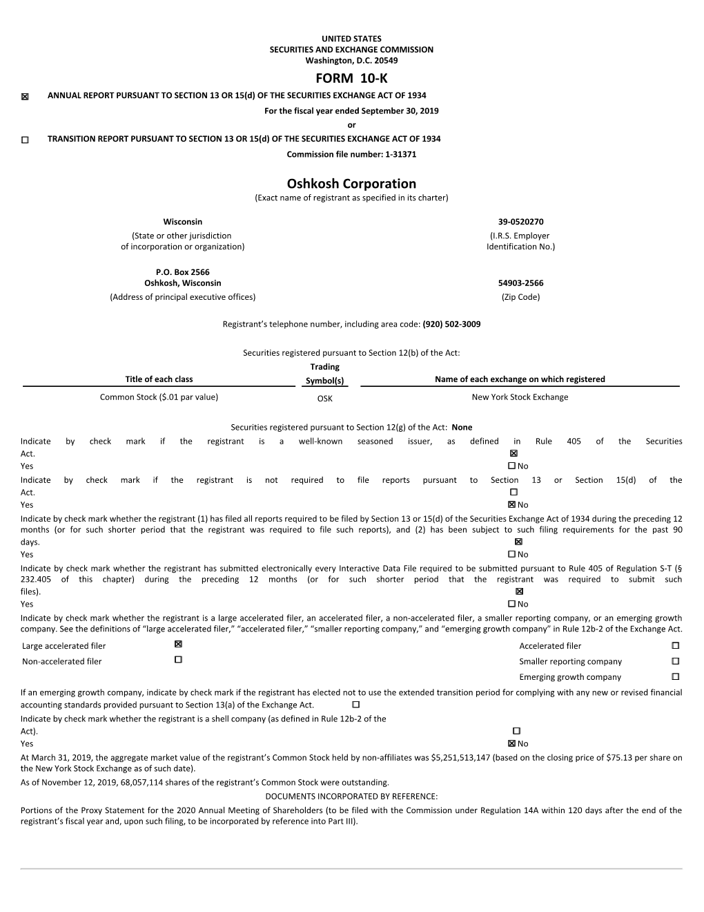 FORM 10-K Oshkosh Corporation