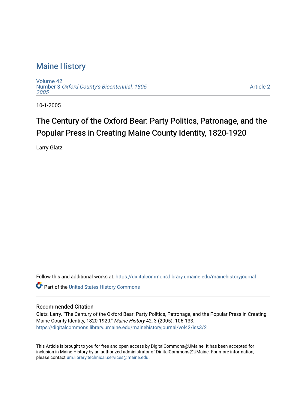 The Century of the Oxford Bear: Party Politics, Patronage, and the Popular Press in Creating Maine County Identity, 1820-1920