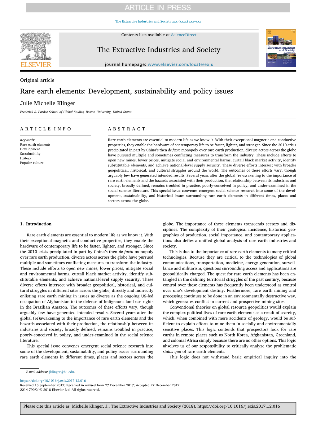 Rare Earth Elements Development, Sustainability and Policy Issues