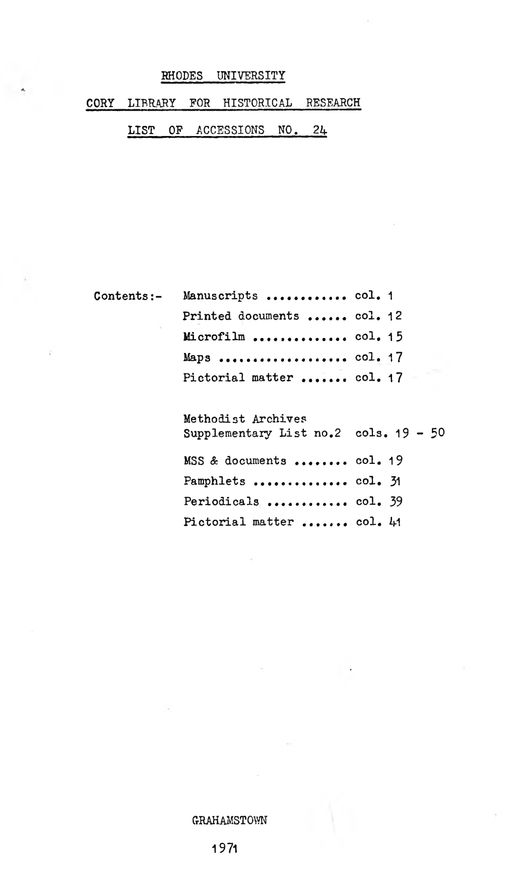 Cory Library List of Accessions No 24