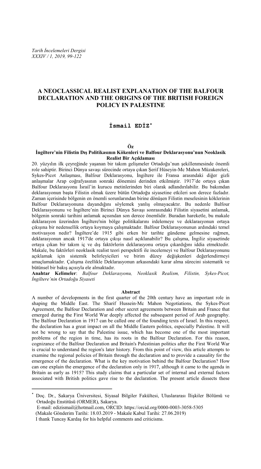 A Neoclassical Realist Explanation of the Balfour Declaration and the Origins of the British Foreign Policy in Palestine