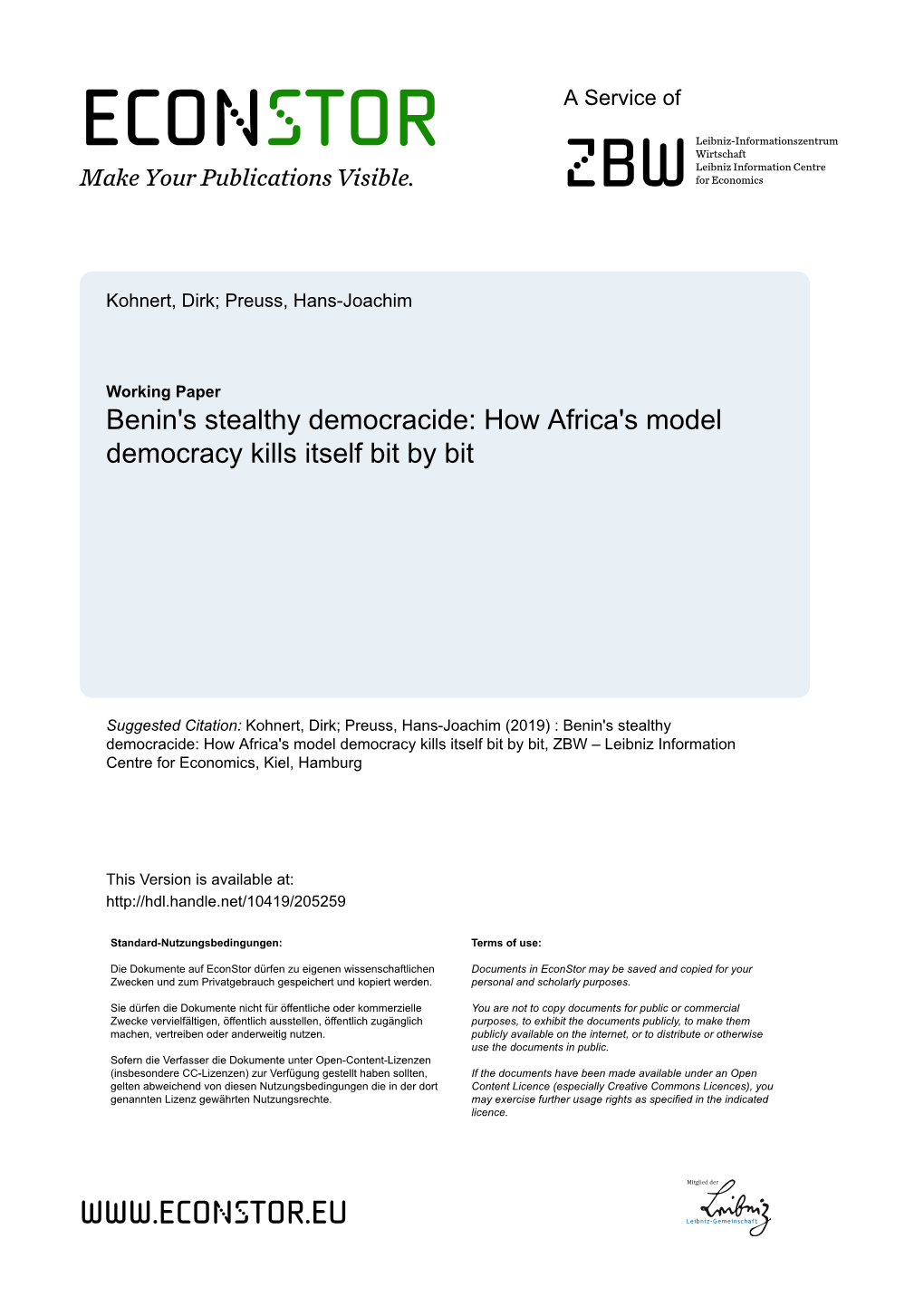 KOHNERT&PREUSS2019.Benin's Stealthy Democracide