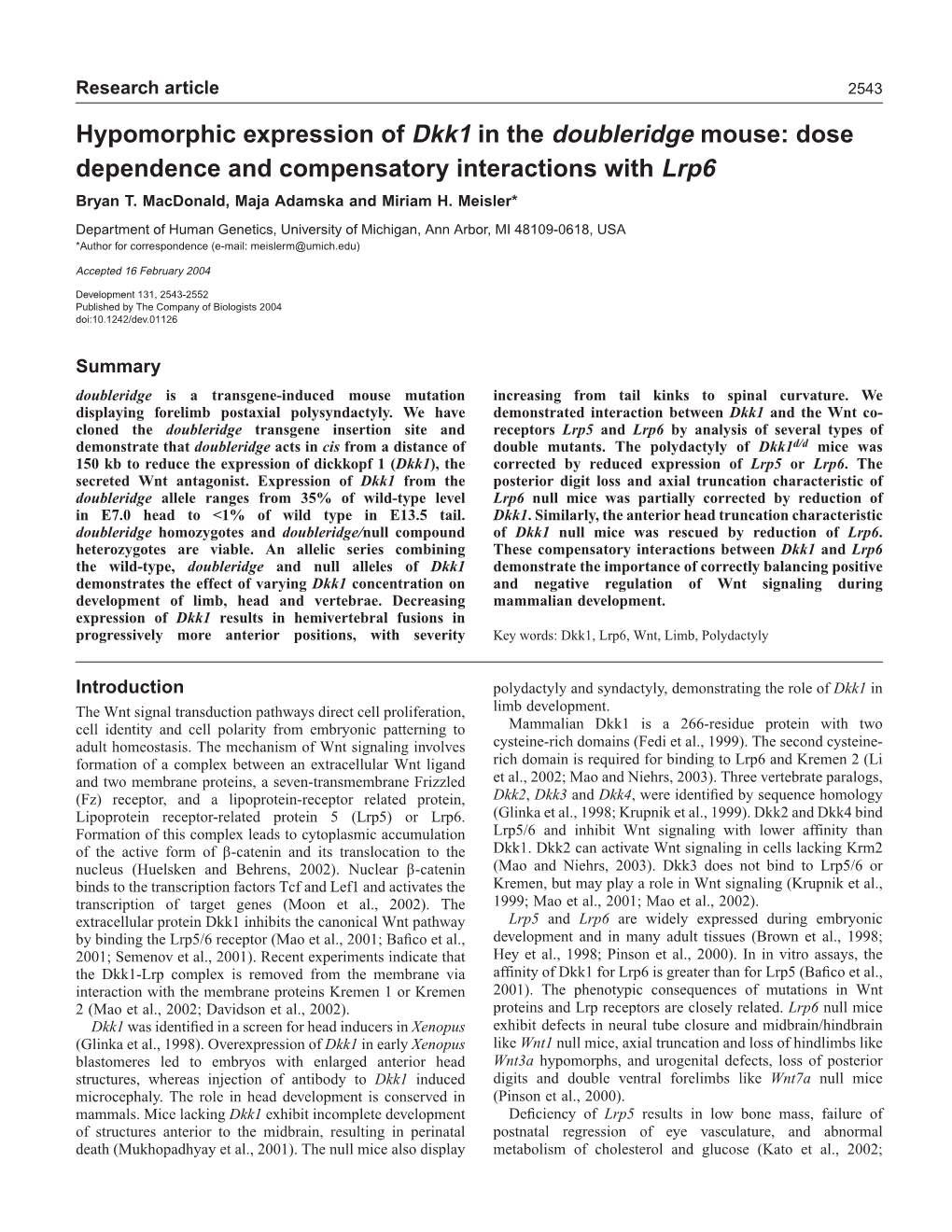 Hypomorphic Expression of Dkk1 in the Doubleridge Mouse: Dose Dependence and Compensatory Interactions with Lrp6 Bryan T