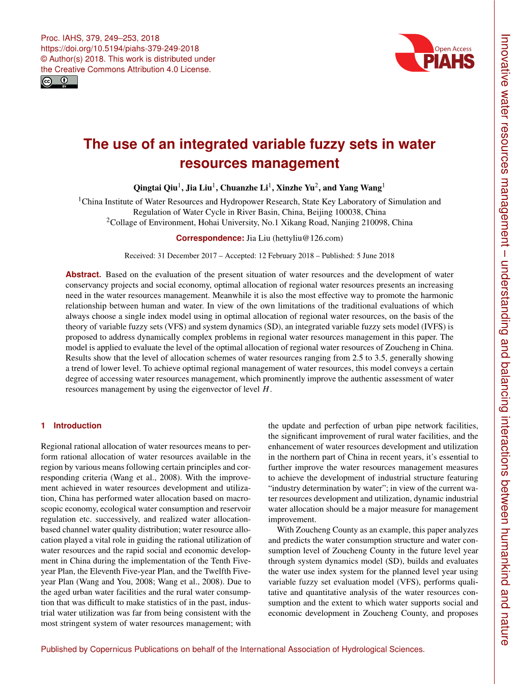 The Use of an Integrated Variable Fuzzy Sets in Water Resources Management