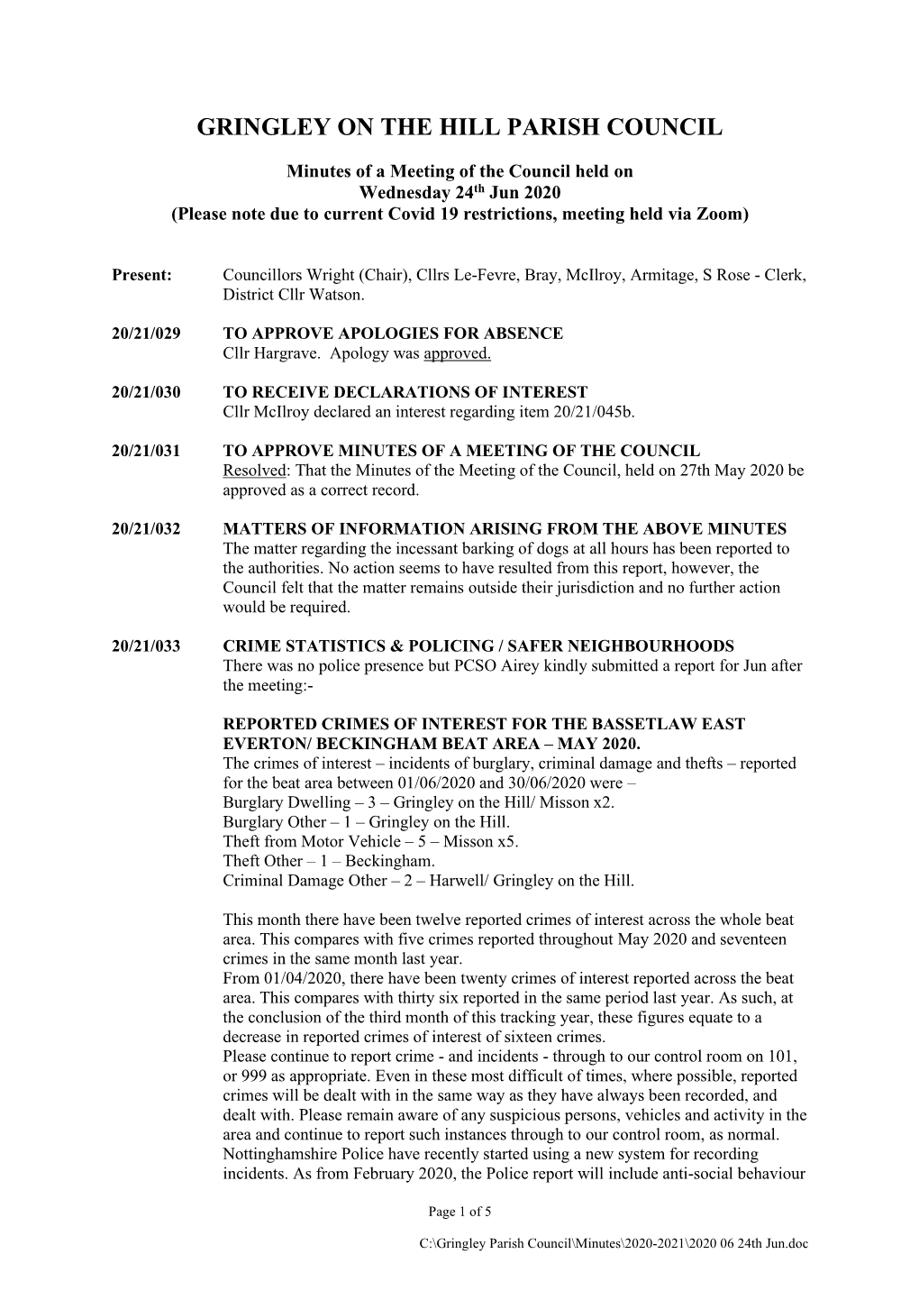 Minutes of a Meeting of the Council Held on Wednesday 24Th Jun 2020 (Please Note Due to Current Covid 19 Restrictions, Meeting Held Via Zoom)