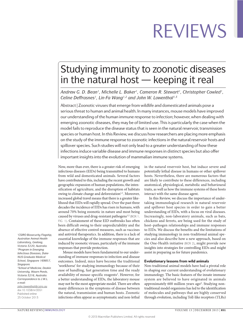 Studying Immunity to Zoonotic Diseases in the Natural Host — Keeping It Real