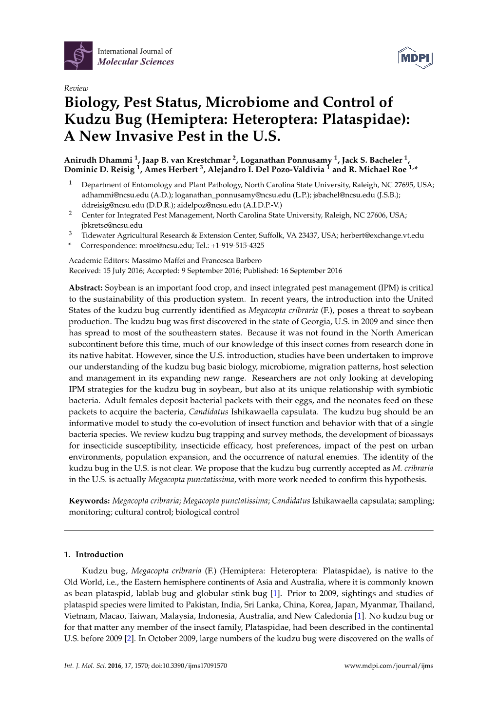 Biology, Pest Status, Microbiome and Control of Kudzu Bug (Hemiptera: Heteroptera: Plataspidae): a New Invasive Pest in the U.S