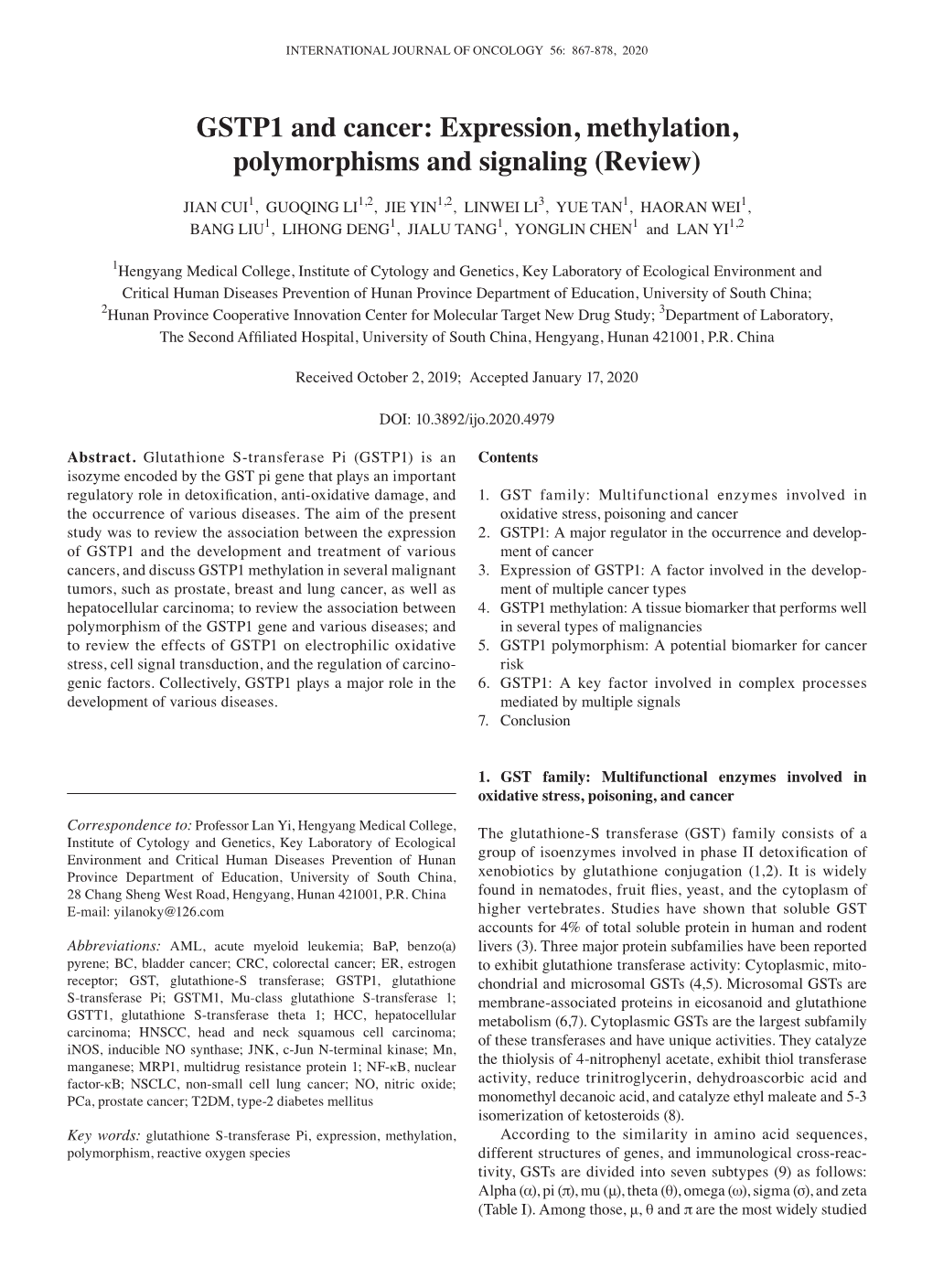 GSTP1 and Cancer: Expression, Methylation, Polymorphisms and Signaling (Review)