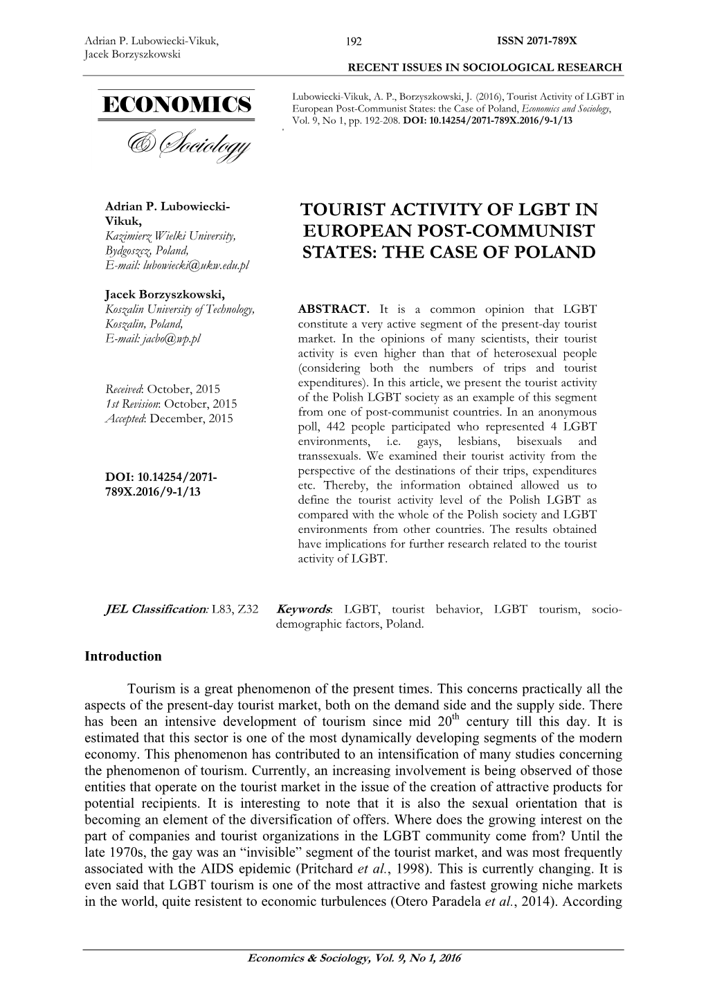 Tourist Activity of LGBT in European Post-Communist States: the Case of Poland, Economics and Sociology, Vol