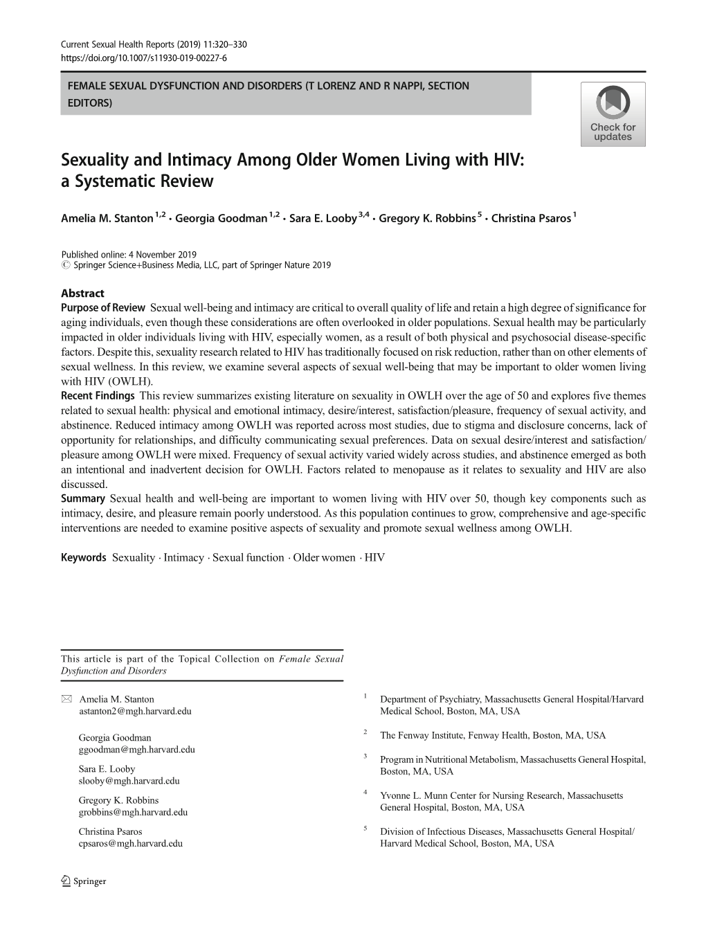 Sexuality and Intimacy Among Older Women Living with HIV: a Systematic Review