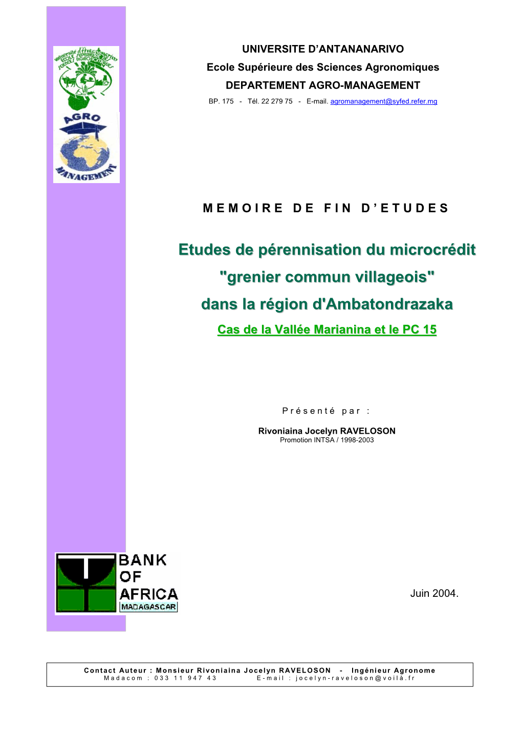 Etudes De Pérennisation Du Microcrédit "Grenier Commun