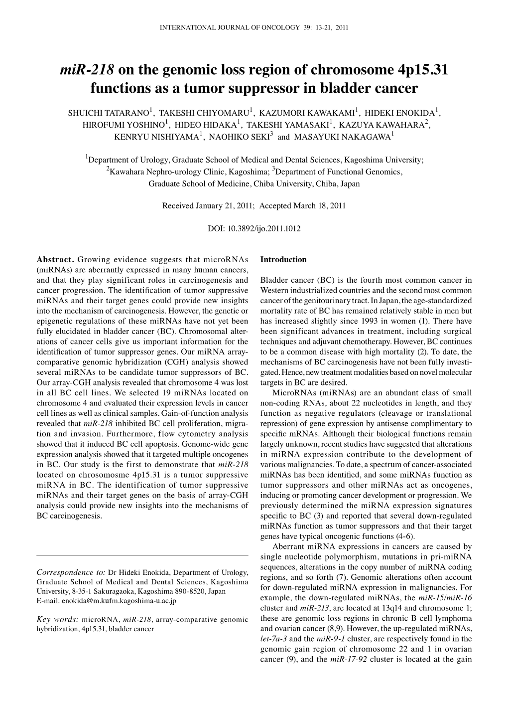 Mir-218 on the Genomic Loss Region of Chromosome 4P15.31 Functions As a Tumor Suppressor in Bladder Cancer