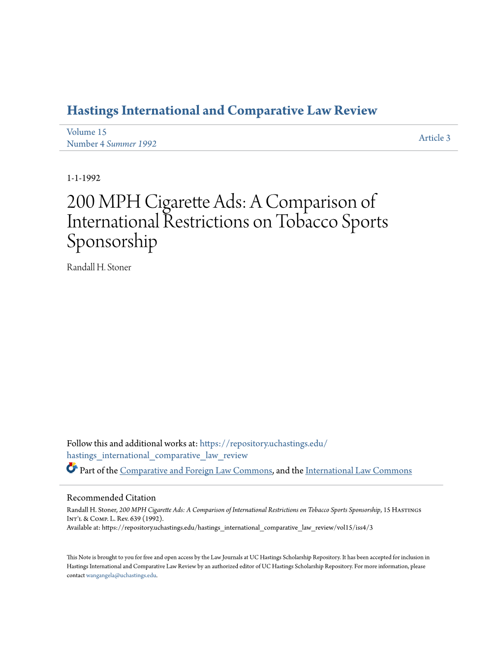 A Comparison of International Restrictions on Tobacco Sports Sponsorship Randall H