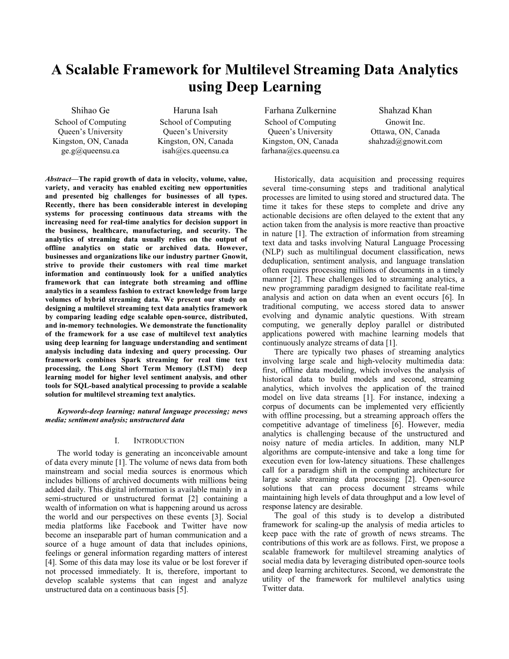 A Scalable Framework for Multilevel Streaming Data Analytics Using Deep Learning