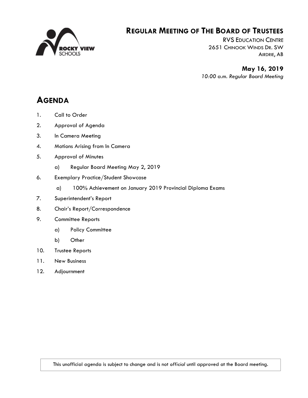 Board Agenda May 16, 2019
