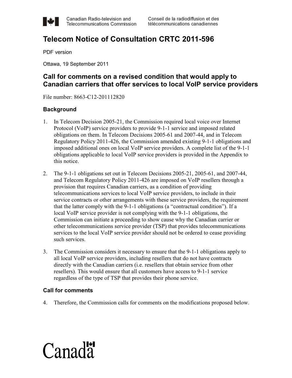 Telecom Notice of Consultation CRTC 2011-596