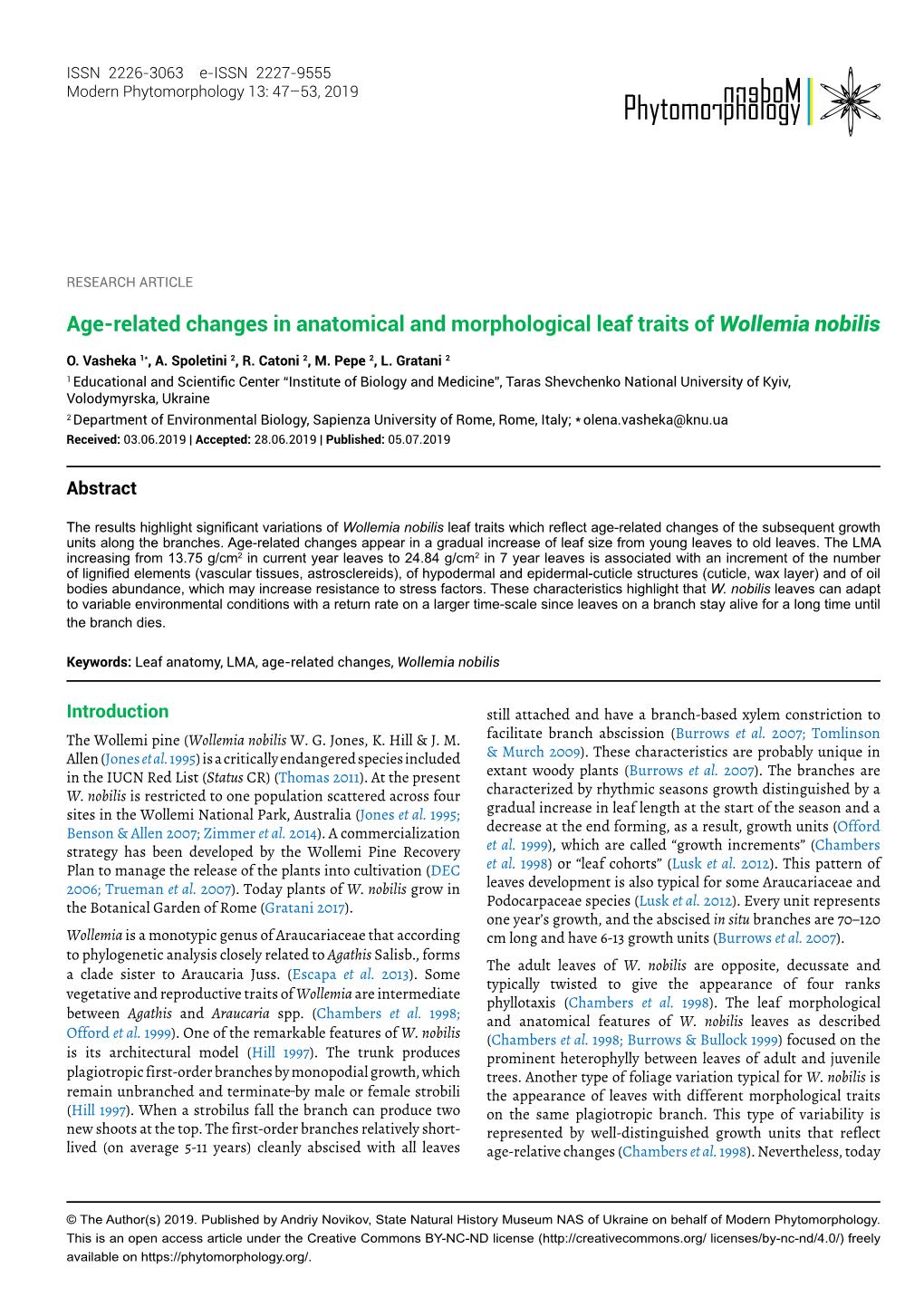 Age-Related Changes in Anatomical and Morphological Leaf Traits of Wollemia Nobilis